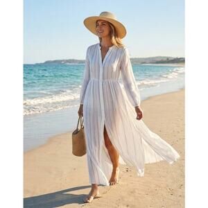 Coastal Blue XL Maxi Cover-Up Dress NWOT White Striped Long Sleeve Beach Cruise